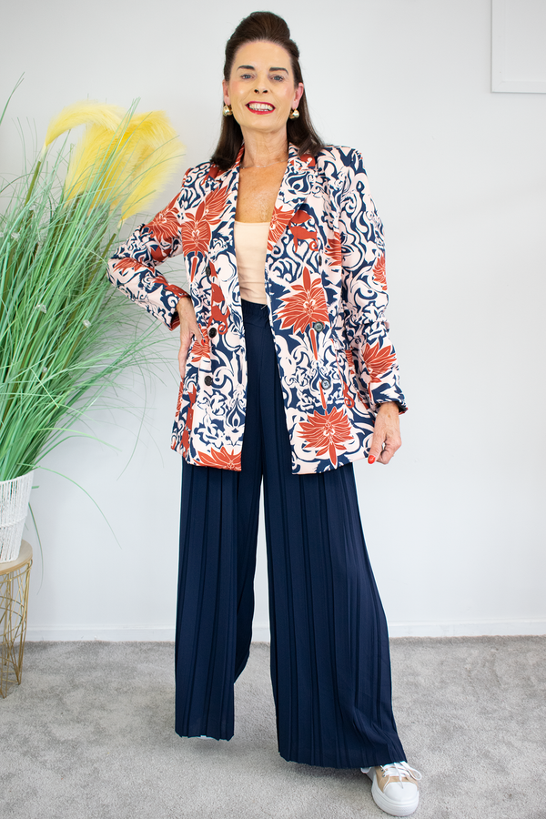 Larissa Print Blazer in Rust and Navy