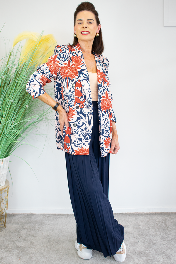 Larissa Print Blazer in Rust and Navy