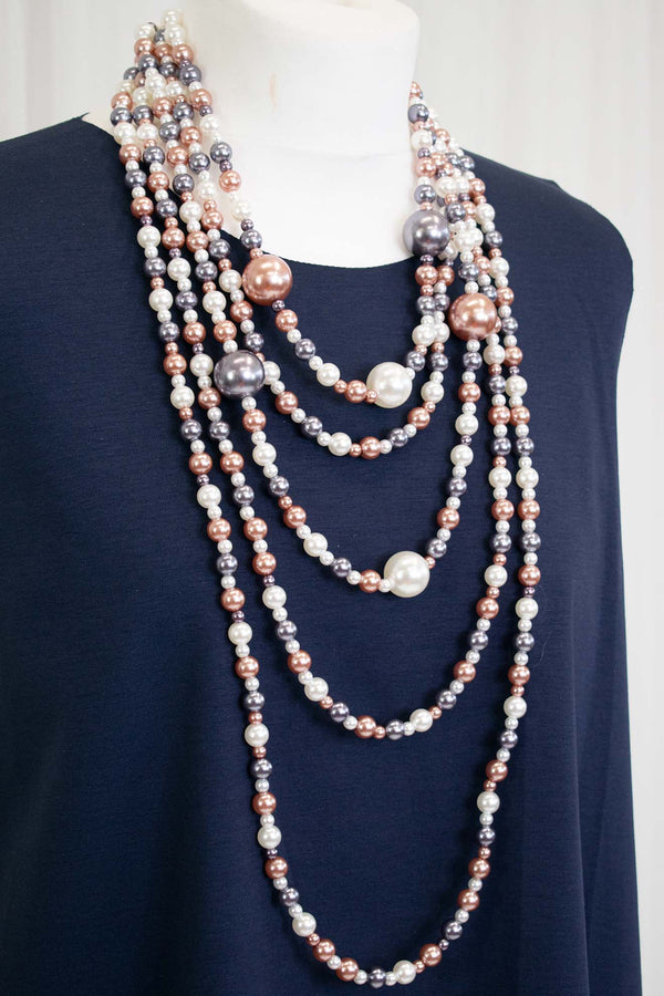 Longline Layered Pearl Necklace in Coral and Grey