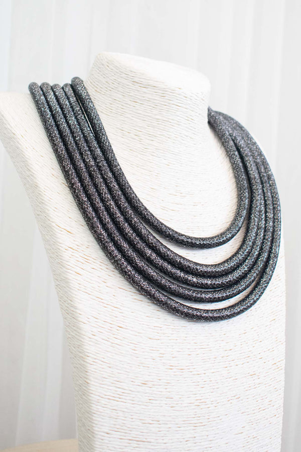 Layered Metallic Clasp Necklace in Black