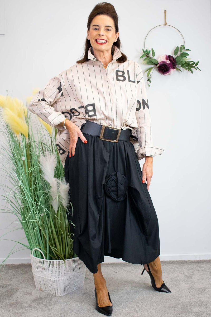 Purdy Pinstripe Letter Shirt in Warm Beige