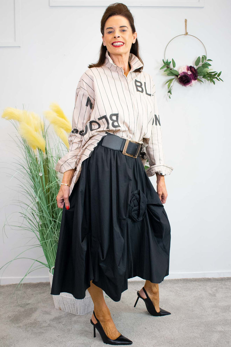 Purdy Pinstripe Letter Shirt in Warm Beige