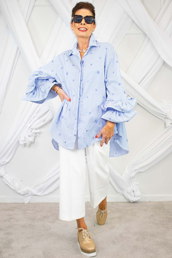 Embroidered Star Pinstripe Ruffle Shirt in Blue
