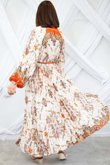 Coralie Pleated Long Sleeve Dress in Beige Paisley Print