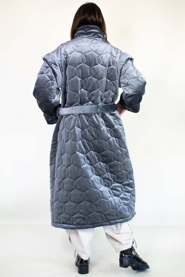 Quinnie Quilted Velour Coat in Slate Grey