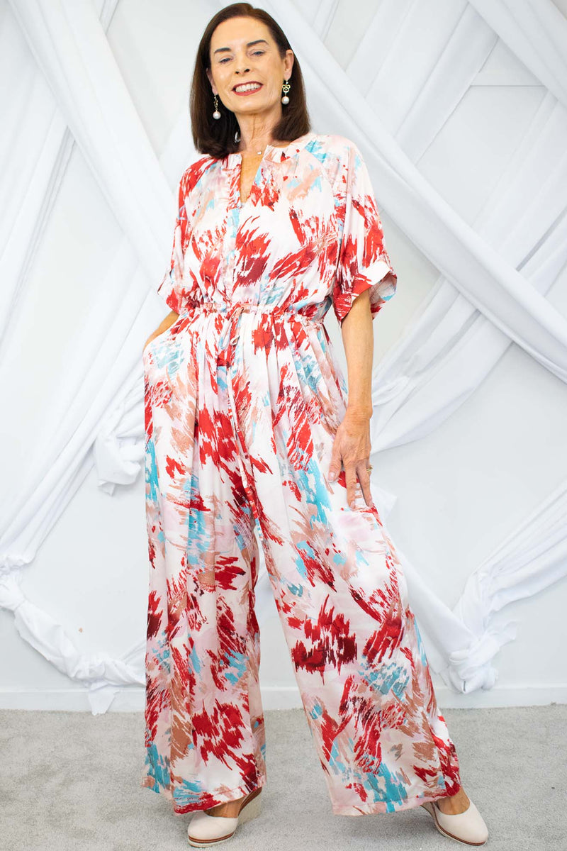 Florence Tie Waist Jumpsuit in Red Abstract Print
