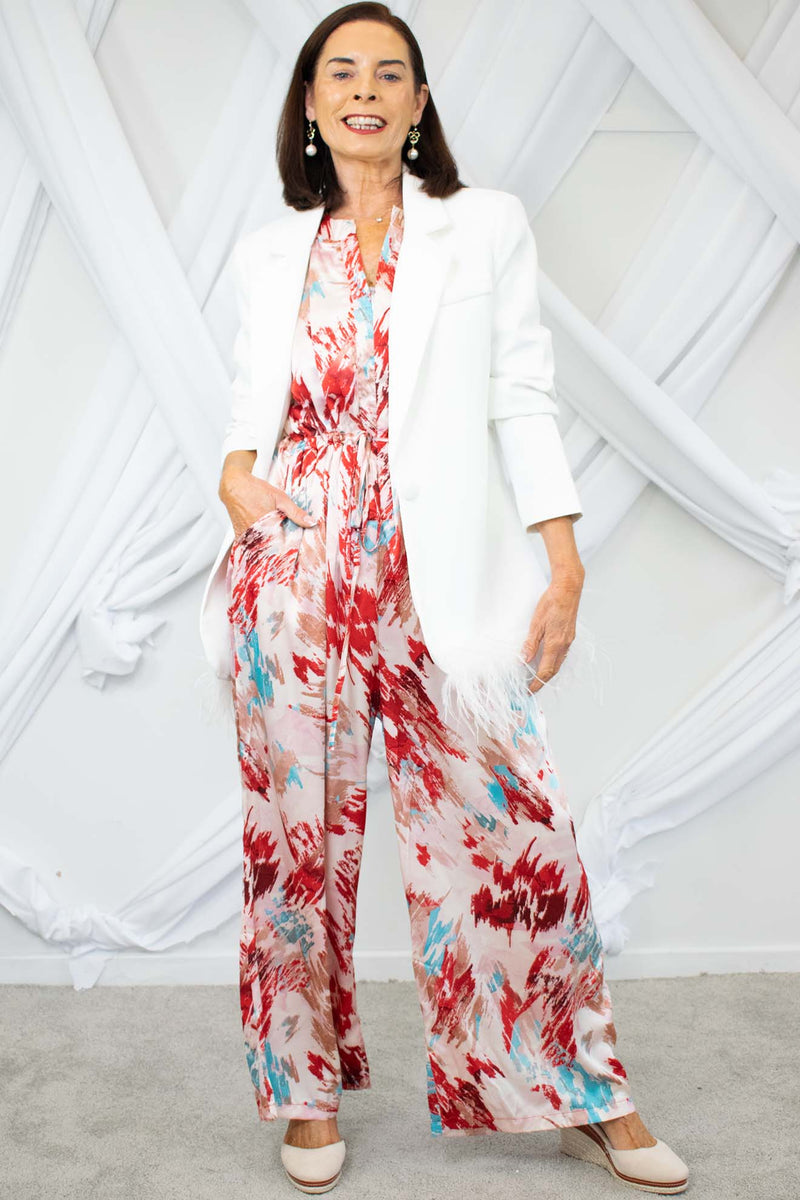 Florence Tie Waist Jumpsuit in Red Abstract Print