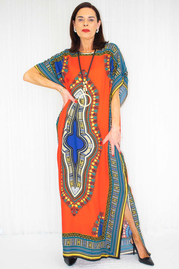 Kailani Kaftan Dress in Red with Multi