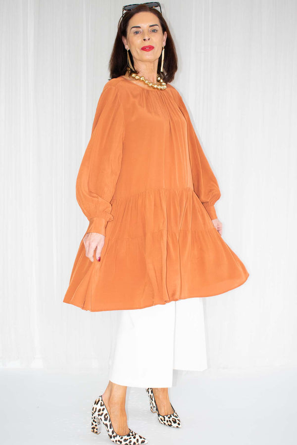 Tara Tiered Long Sleeve Dress in Rust