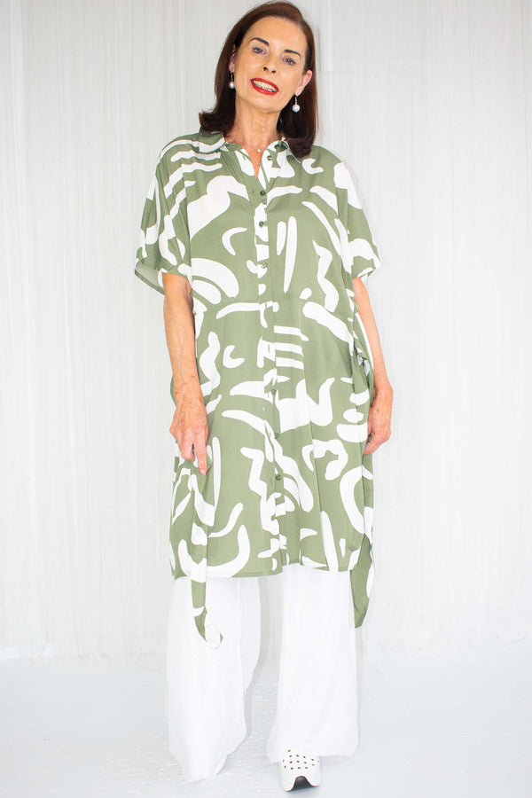 Annalise Patterned Shirt Dress/Tunic in Green Abstract