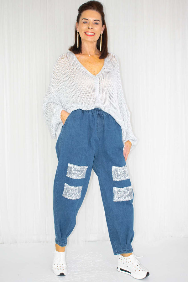 Dilly Denim Sequin Cocoon Trouser in Pre Wash