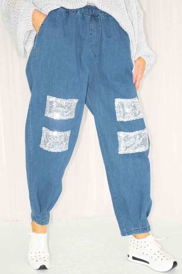 Dilly Denim Sequin Cocoon Trouser in Pre Wash