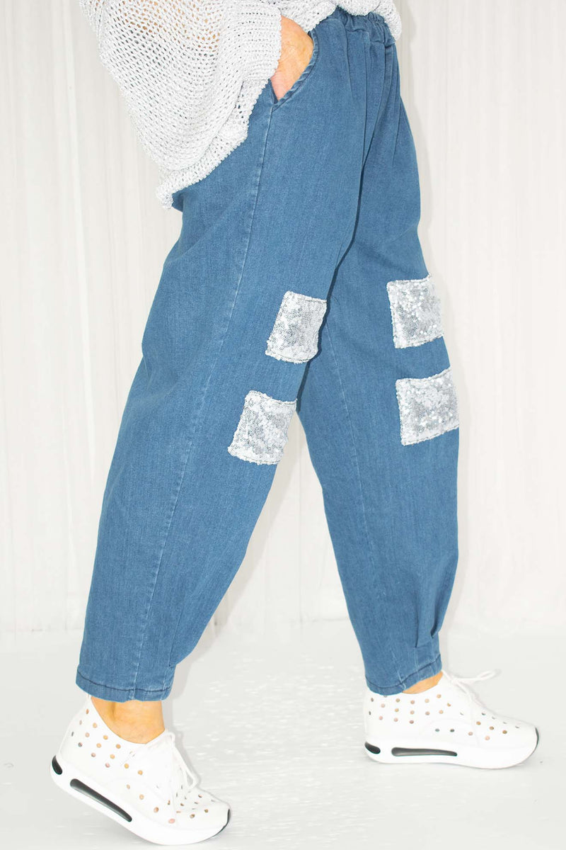 Dilly Denim Sequin Cocoon Trouser in Pre Wash