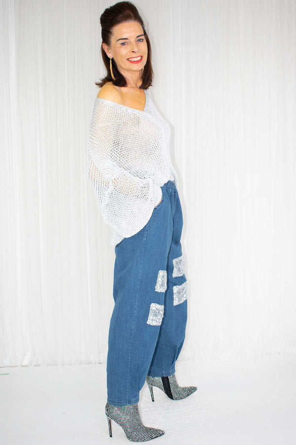 Dilly Denim Sequin Cocoon Trouser in Pre Wash