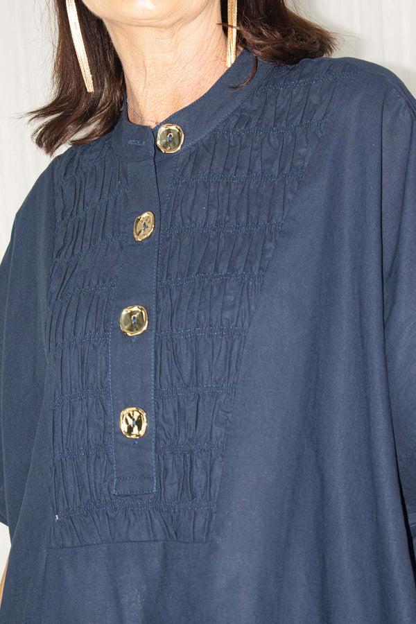 Gia Linen Shirred Top In Navy