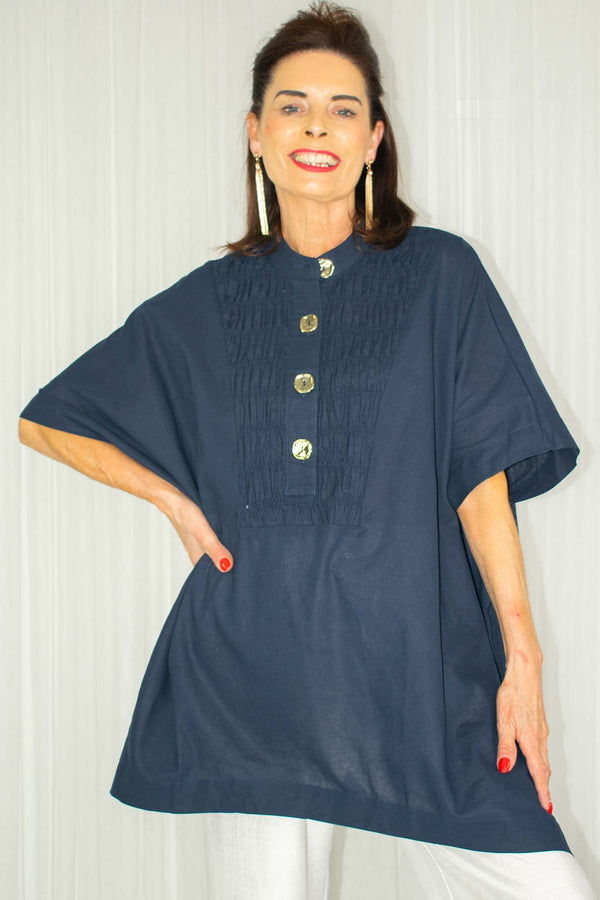 Gia Linen Shirred Top In Navy