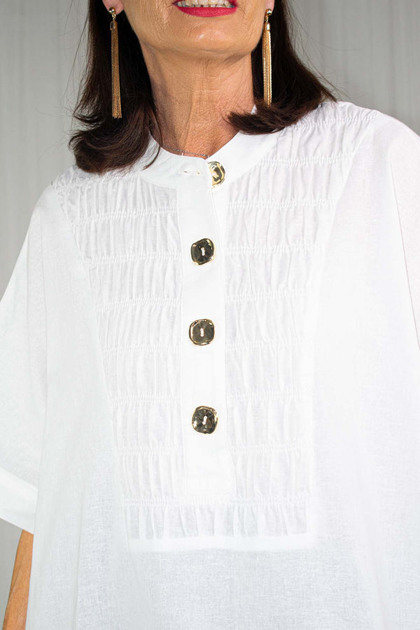 Gia Linen Shirred Top In White