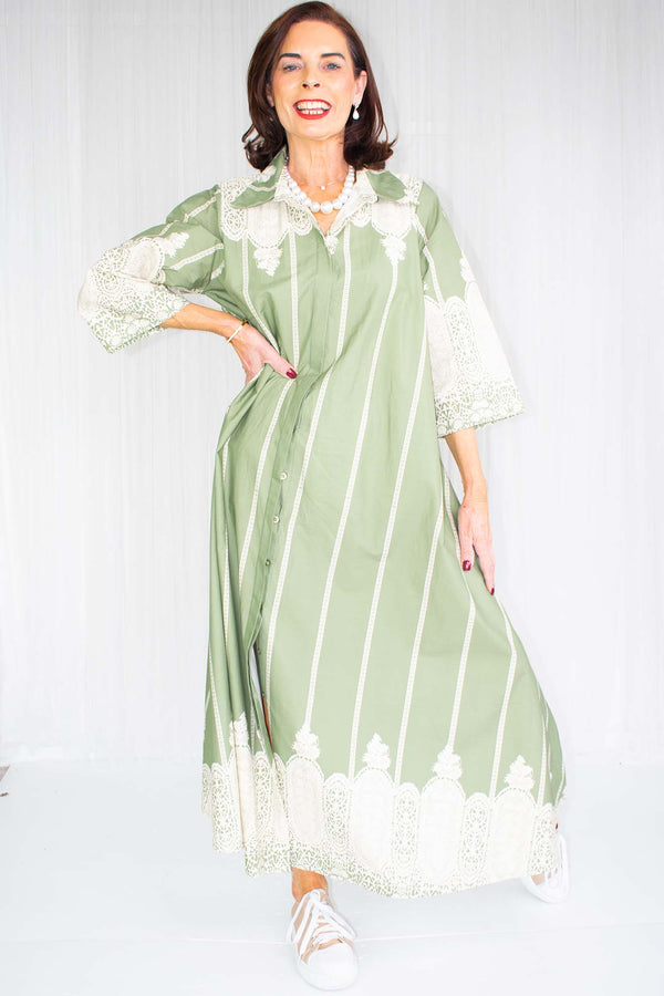 Luciana Pattern Shirt Dress in Sage with Beige
