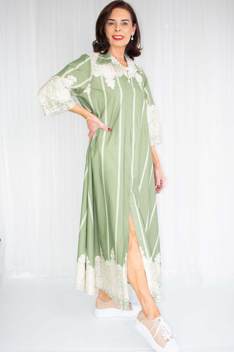 Luciana Pattern Shirt Dress in Sage with Beige