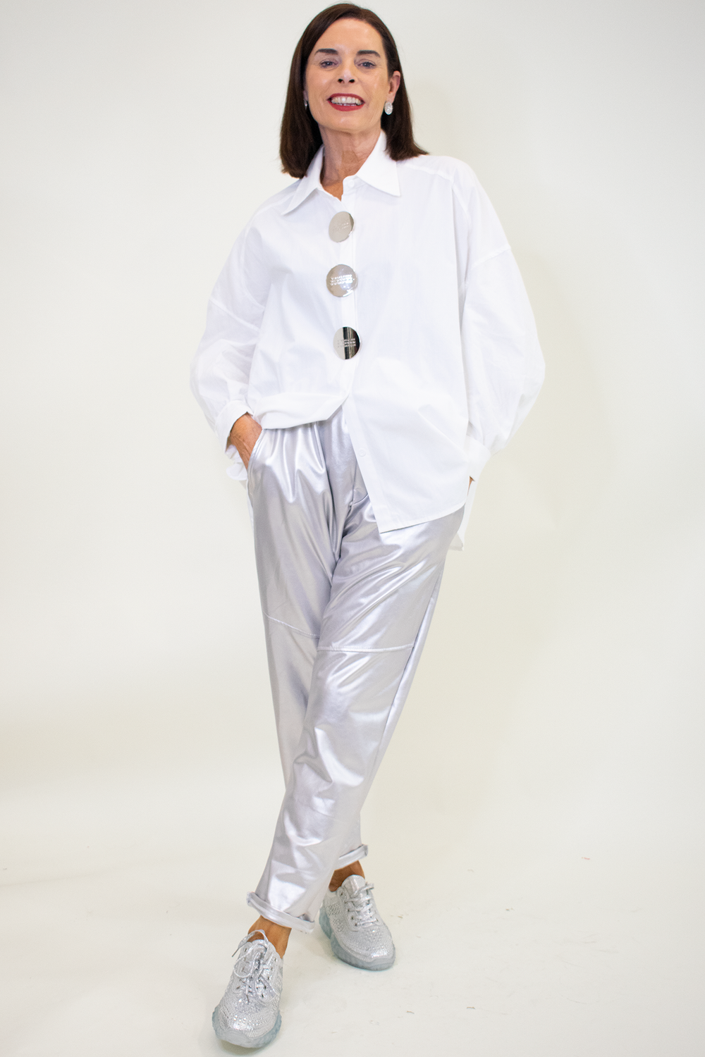 Sarah Silver Button Shirt in Crisp White- Limited Edition
