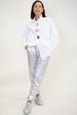 Sarah Silver Button Shirt in Crisp White- Limited Edition