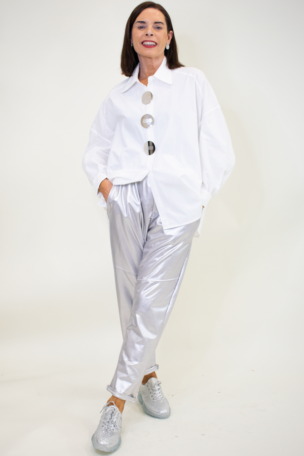 Serena Silver Button Shirt in Crisp White