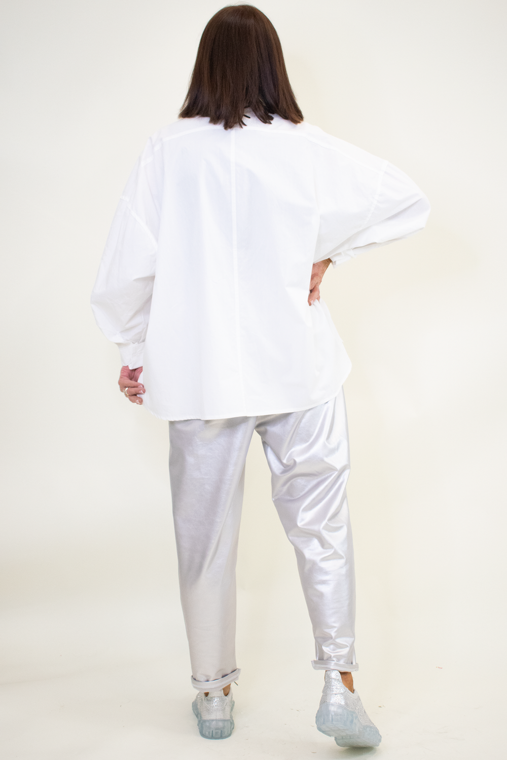 Sarah Silver Button Shirt in Crisp White- Limited Edition
