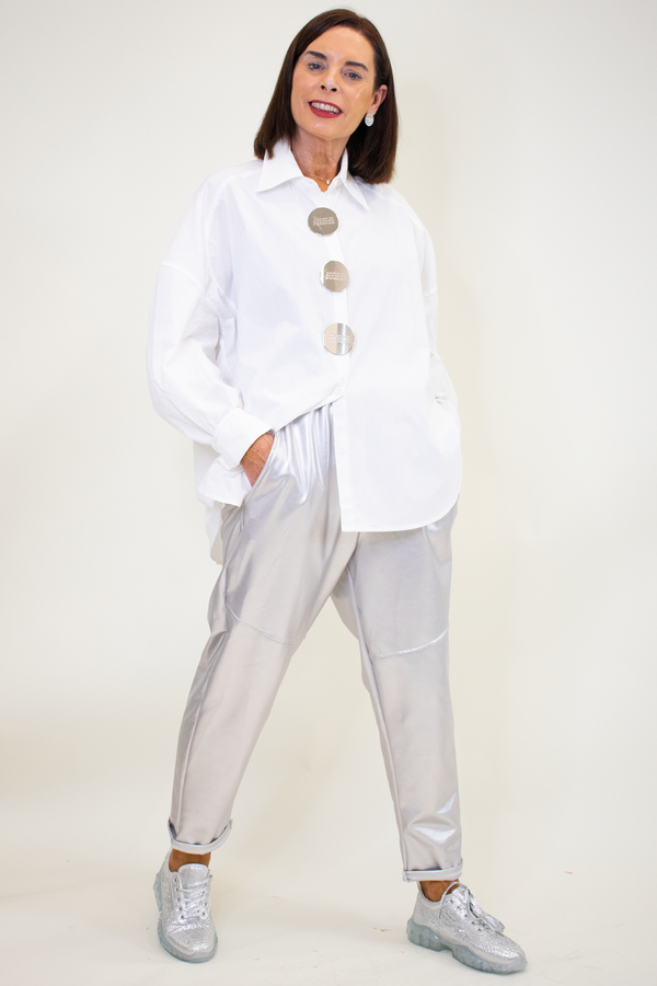 Sarah Silver Button Shirt in Crisp White- Limited Edition
