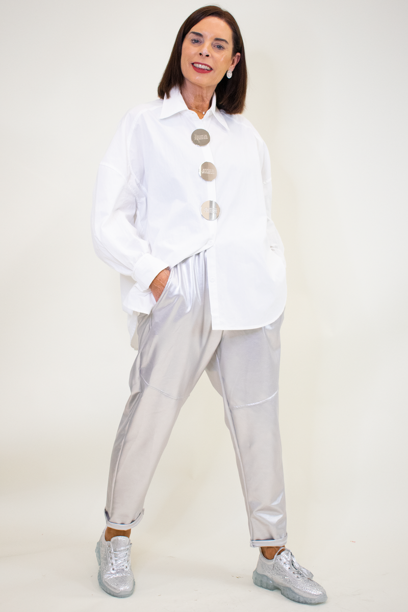 Serena Silver Button Shirt in Crisp White -