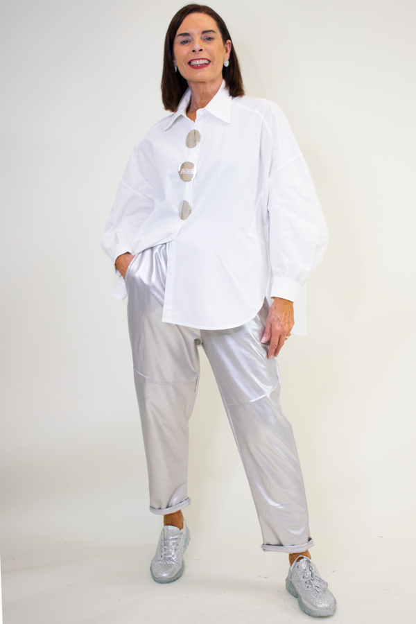 Sarah Silver Button Shirt in Crisp White- Limited Edition