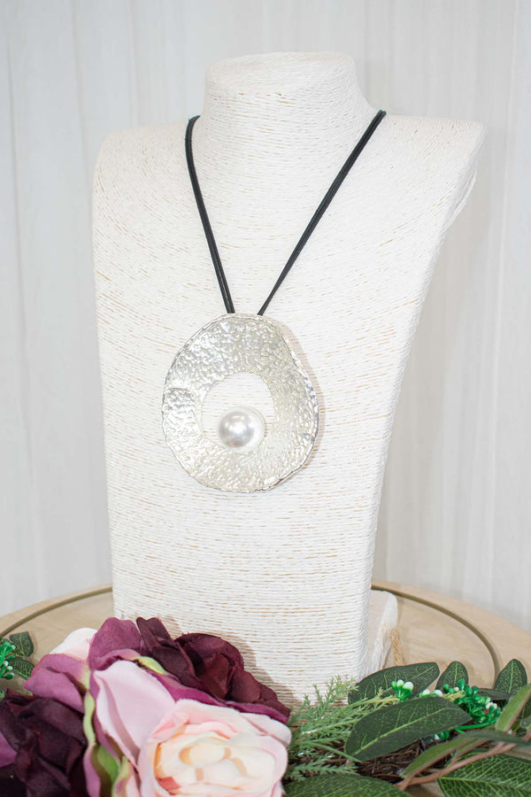 Longline Round Metal Necklace with Pearl Detail