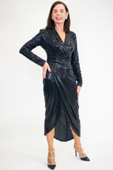 Luxury Sparkle Wrap Style Midi Dress in Classic Black