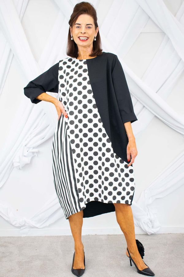 Tilly Polka Dot Cocoon Dress in Black with White
