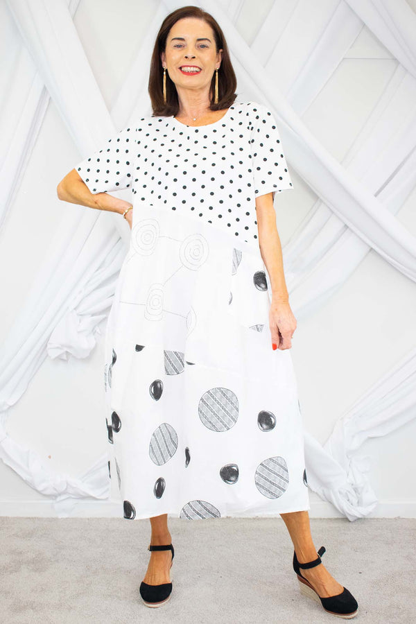 Allie Cocoon Dress In White with Black