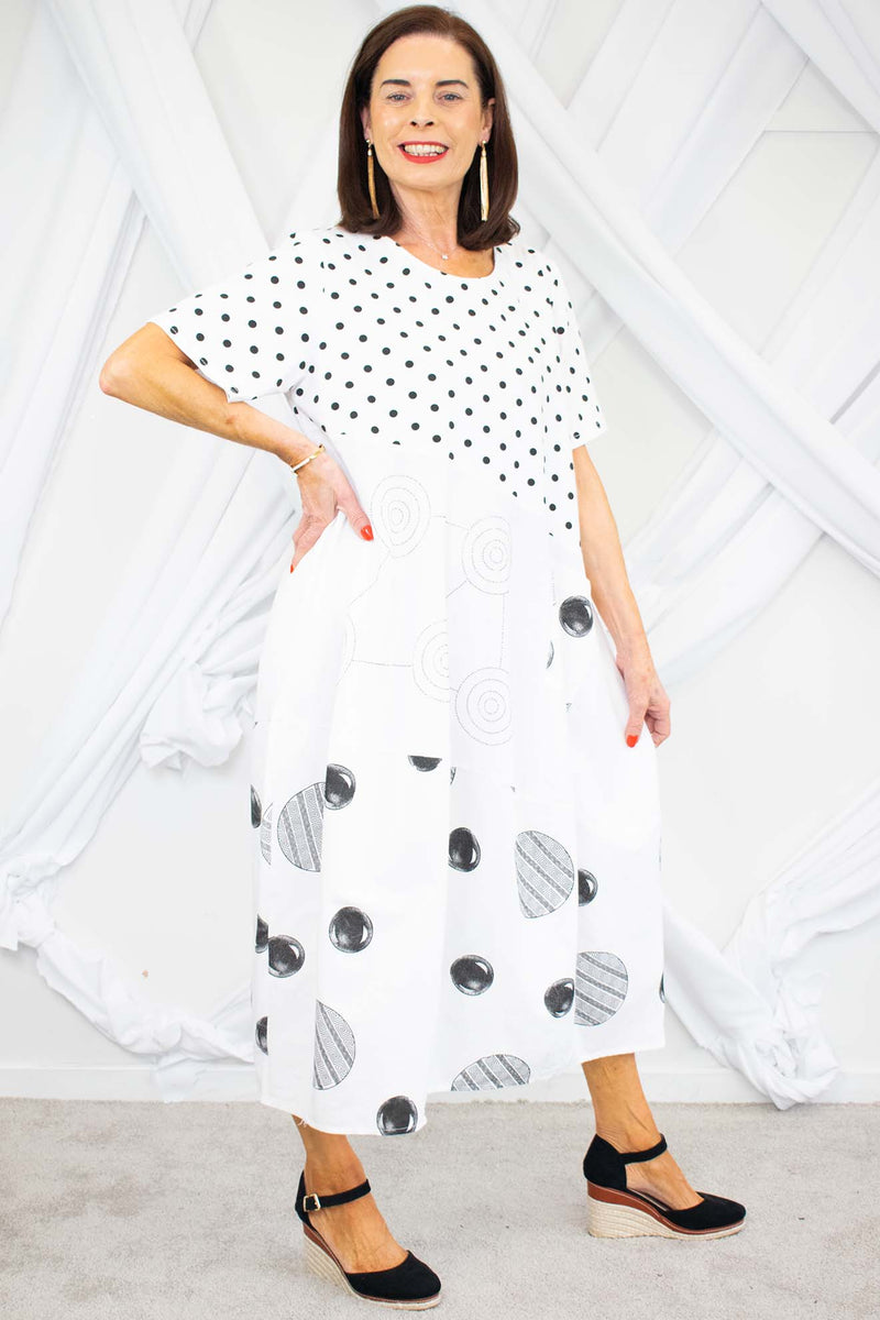 Allie Cocoon Dress In White with Black