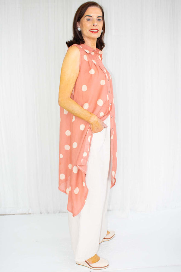 Sammie Spot Sleeveless Waterfall Top in Coral