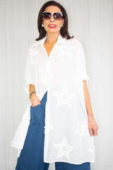 Erica Embroidered Star Cuffed Shirt in White