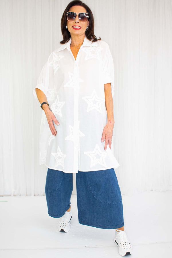 Erica Embroidered Star Cuffed Shirt in White