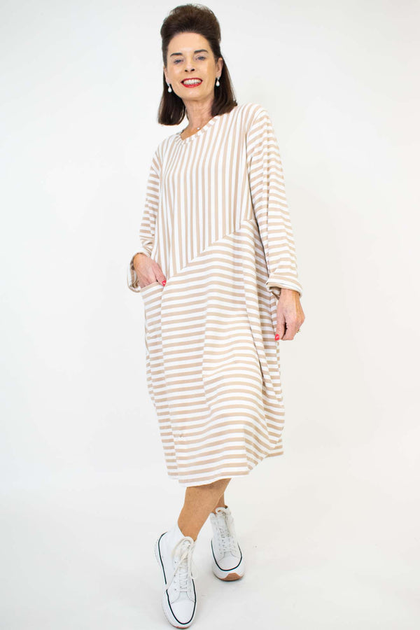 Elegant Estelle Stripe Cocoon Dress in Beige