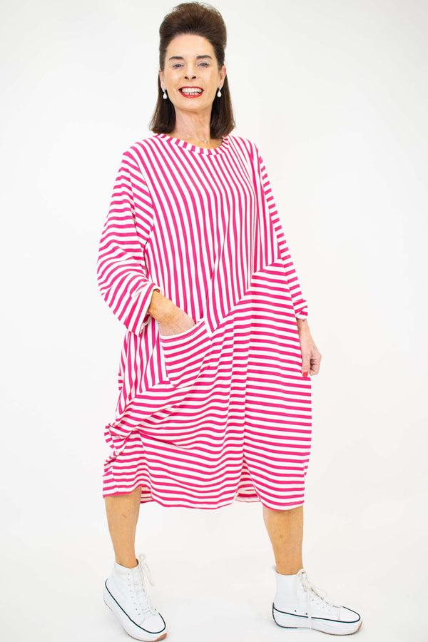 Elegant Estelle Stripe Cocoon Dress in Candy Pink