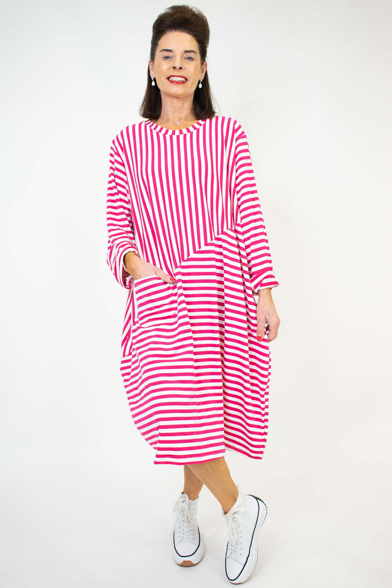 Elegant Estelle Stripe Cocoon Dress in Candy Pink