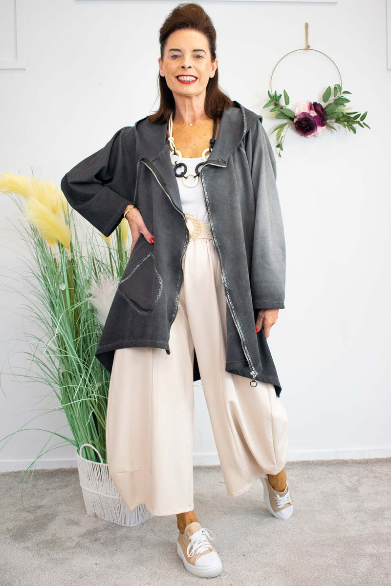 Isla  Zip Jacket in Charcoal Grey faux suede