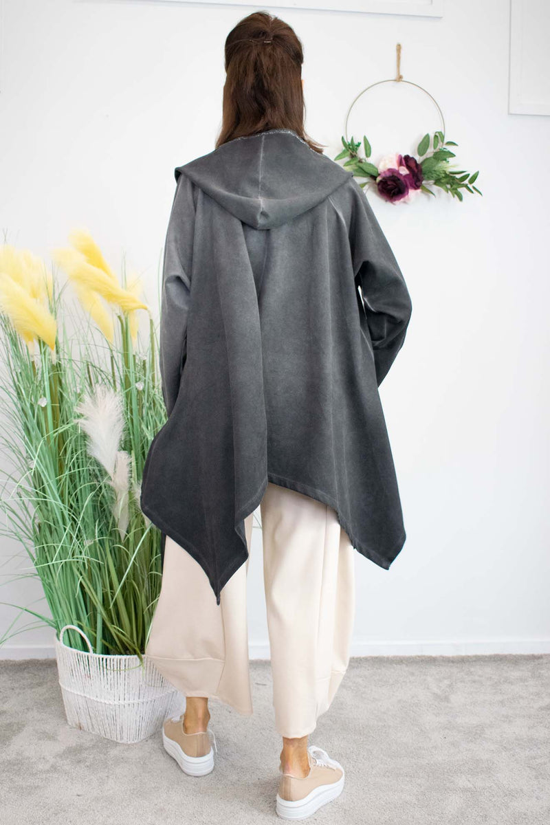 Isla  Zip Jacket in Charcoal Grey faux suede