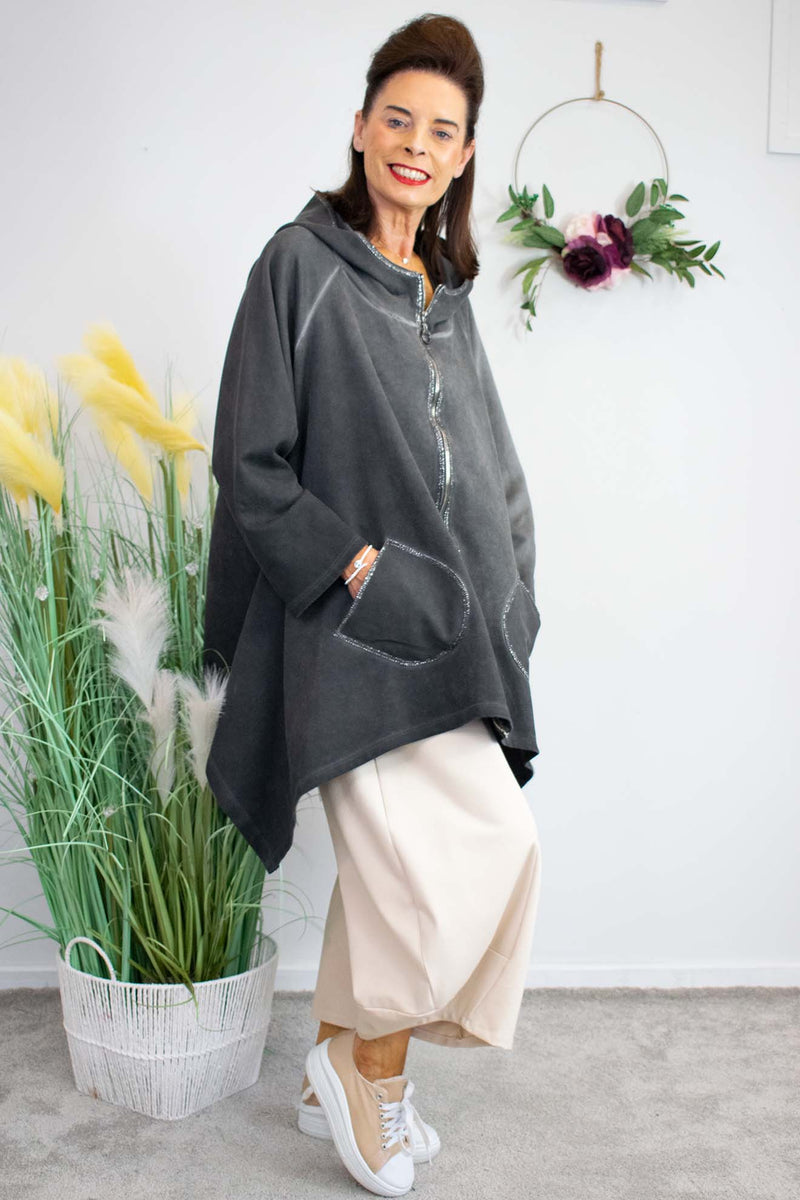 Isla  Zip Jacket in Charcoal Grey faux suede