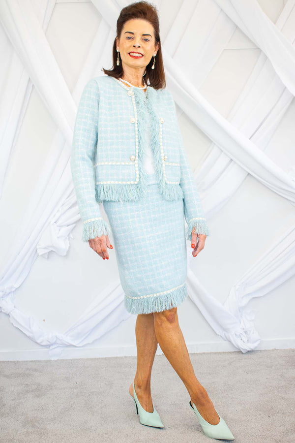 Cannes Pearl Fringe Skirt Suit In Mint
