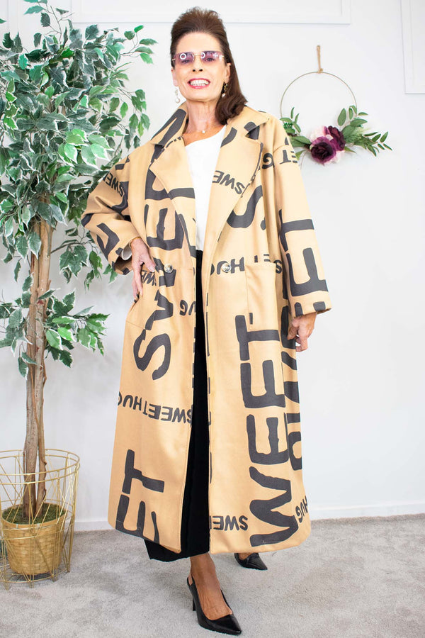 Sweet Letter Duster Coat in Warm Beige