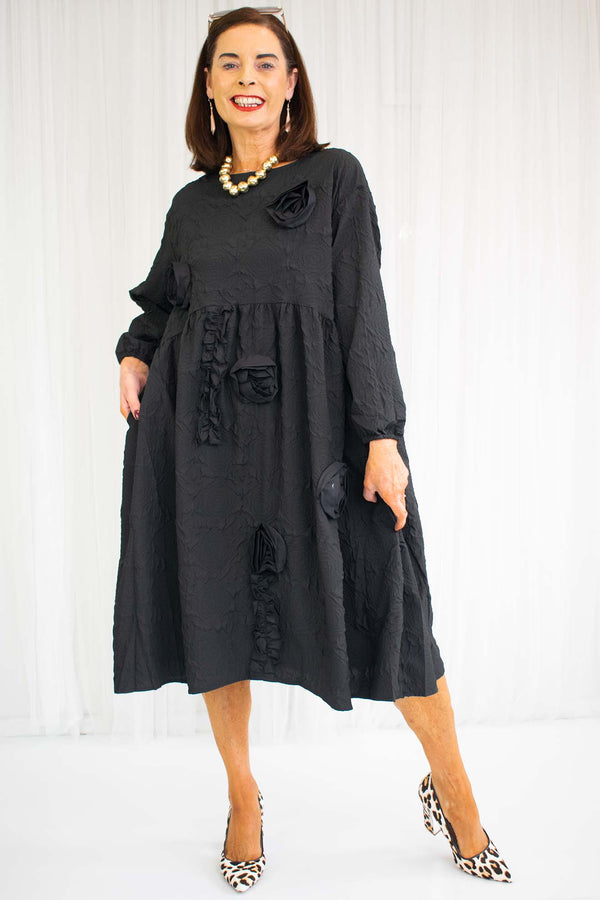 Luxury Chantelle Textured Rose Dress in Black