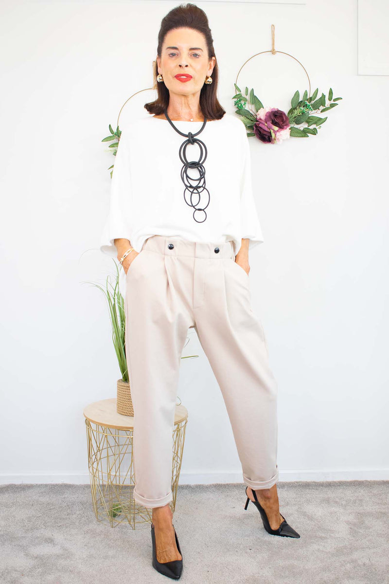 Bettie Two Button Scuba Trouser in Warm Beige