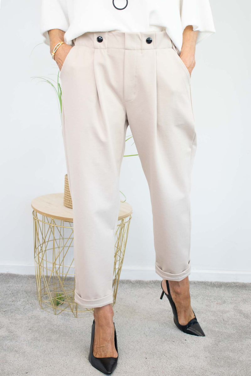 Bettie Two Button Scuba Trouser in Warm Beige