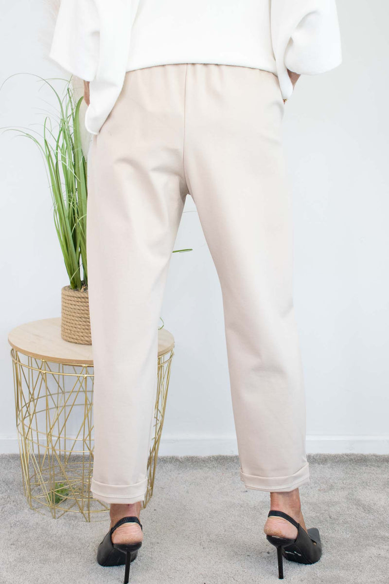 Bettie Two Button Scuba Trouser in Warm Beige